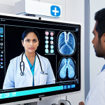 A futuristic medical professional, likely South Asian, interacting with advanced healthcare technology. The scene features a transparent screen displaying AI-driven diagnostic insights and genomic data, a telemedicine interface showing a remote patient, and subtle holographic medical visualizations. The environment is clean, high-tech, and reflects precision personalized medicine. Focus on innovation and the seamless integration of technology in patient care.
