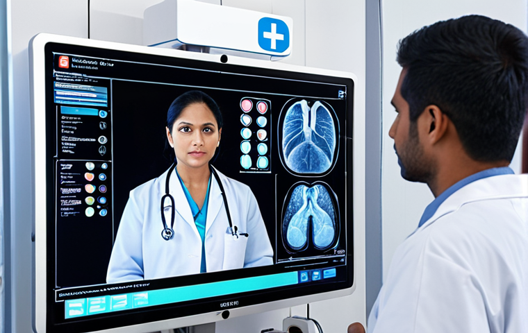 A futuristic medical professional, likely South Asian, interacting with advanced healthcare technology. The scene features a transparent screen displaying AI-driven diagnostic insights and genomic data, a telemedicine interface showing a remote patient, and subtle holographic medical visualizations. The environment is clean, high-tech, and reflects precision personalized medicine. Focus on innovation and the seamless integration of technology in patient care.