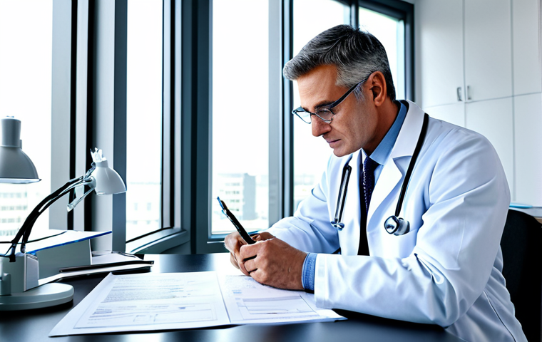 의학 논문 작성법 - "A professional doctor in a fully clothed lab coat, examining medical research papers at a bright de...