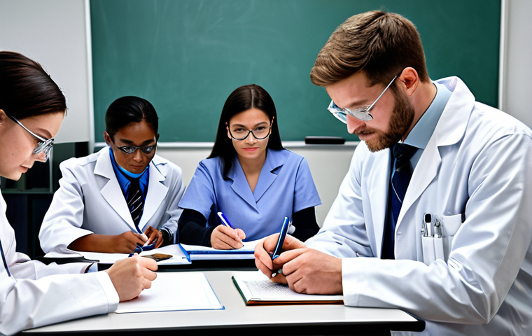의학 논문 작성법 - "A professional doctor in a fully clothed lab coat, examining medical research papers at a bright de...