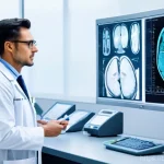 의료 AI 도입과 변화 - **Prompt: A highly detailed, realistic image of a modern medical imaging center. In the foreground, ...