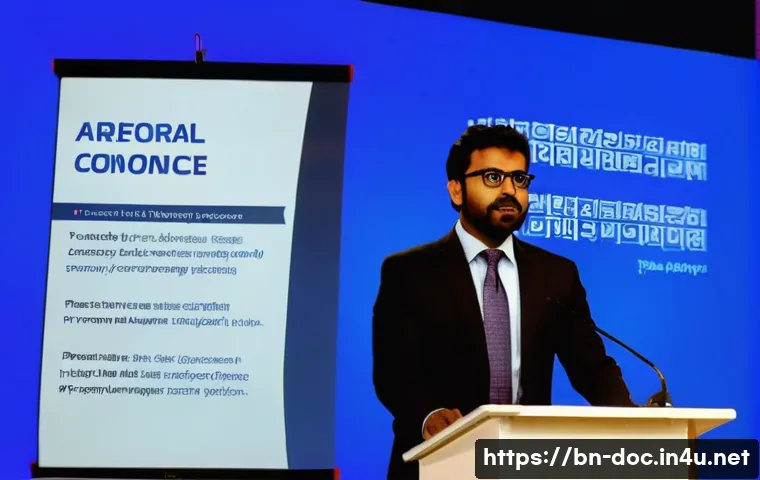 전문의 학회 발표 준비법 - A professional conference scene featuring a Bengali presenter standing confidently at a podium in fr...