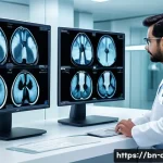 의료 기술 혁신 사례 - A modern hospital radiology department scene showing an advanced AI-powered imaging system analyzing...