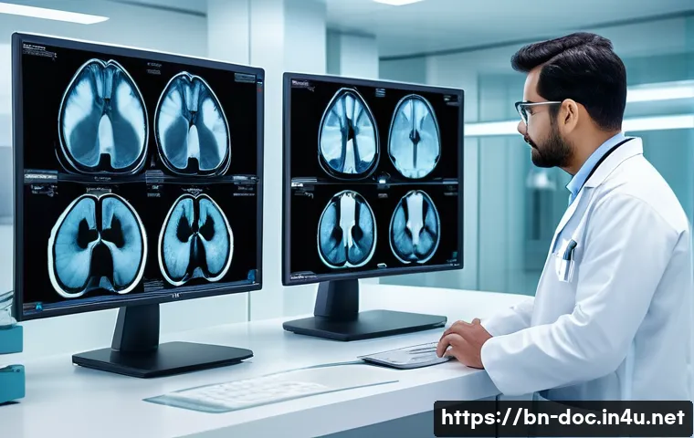 의료 기술 혁신 사례 - A modern hospital radiology department scene showing an advanced AI-powered imaging system analyzing...