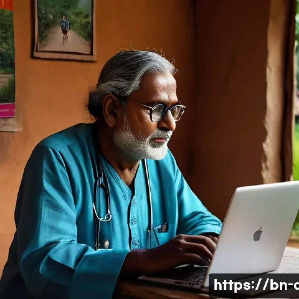 의학 이론의 최신 연구 동향 - A detailed futuristic rural telemedicine scene in Bengal: a middle-aged Bengali man wearing traditio...