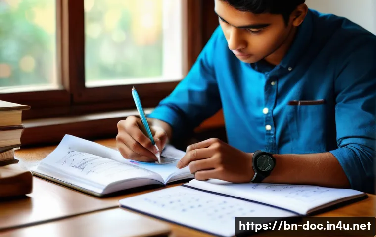 의사 국가시험 준비 꿀팁 - A focused Bengali medical student studying at a wooden desk, surrounded by neatly organized textbook...