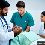 의료 실습 지도교수 평가 기준 - A professional medical mentor evaluating a diverse group of medical students in a clinical setting, ...