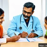 의료 소송 예방을 위한 팁 - A compassionate Bengali doctor in a modern clinic setting, attentively discussing medical test resul...