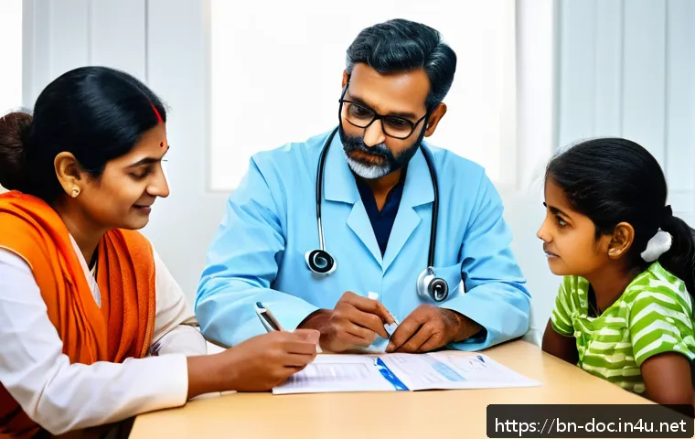 의료 소송 예방을 위한 팁 - A compassionate Bengali doctor in a modern clinic setting, attentively discussing medical test resul...