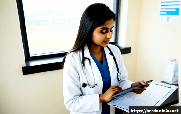Home 17 의사 초년생 커리어 팁 - Photorealistic young South Asian doctor in a clean hospital consultation room, wearing a white coat ...
