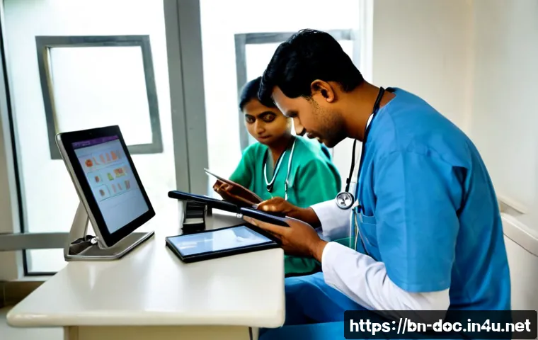 의료 실무의 최신 트렌드 - Photorealistic modern hospital consultation room in Bangladesh, compassionate Bengali doctor using a...
