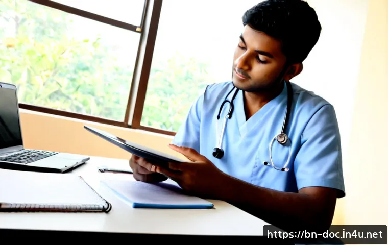 Home 15 의료 관련 자격증 정보 - Photorealistic Bangladeshi young adult reviewing healthcare certification study materials at a clean...