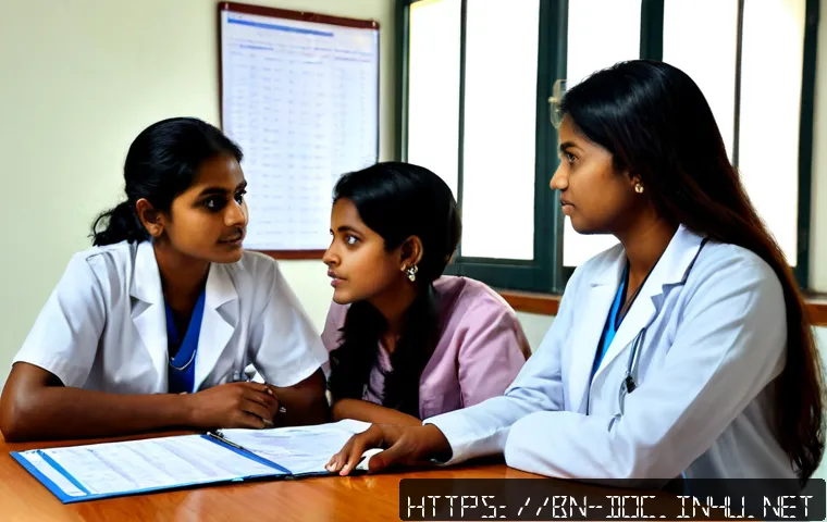 의료현장 경험 공유 - Photorealistic hospital team debrief in Bangladesh, an experienced female doctor in modest professio...